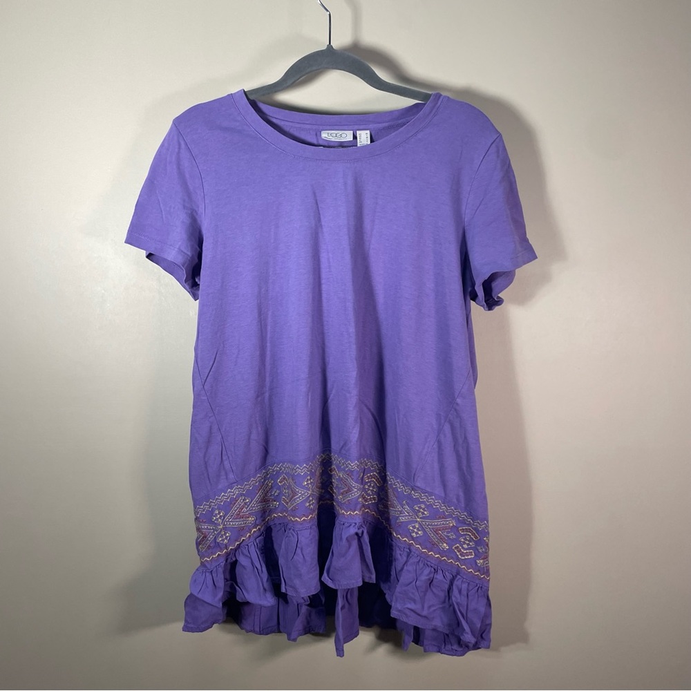 LOGO by Lori Goldstein Cotton Modal Embroidered Top w/ Ruffle Hem Size M